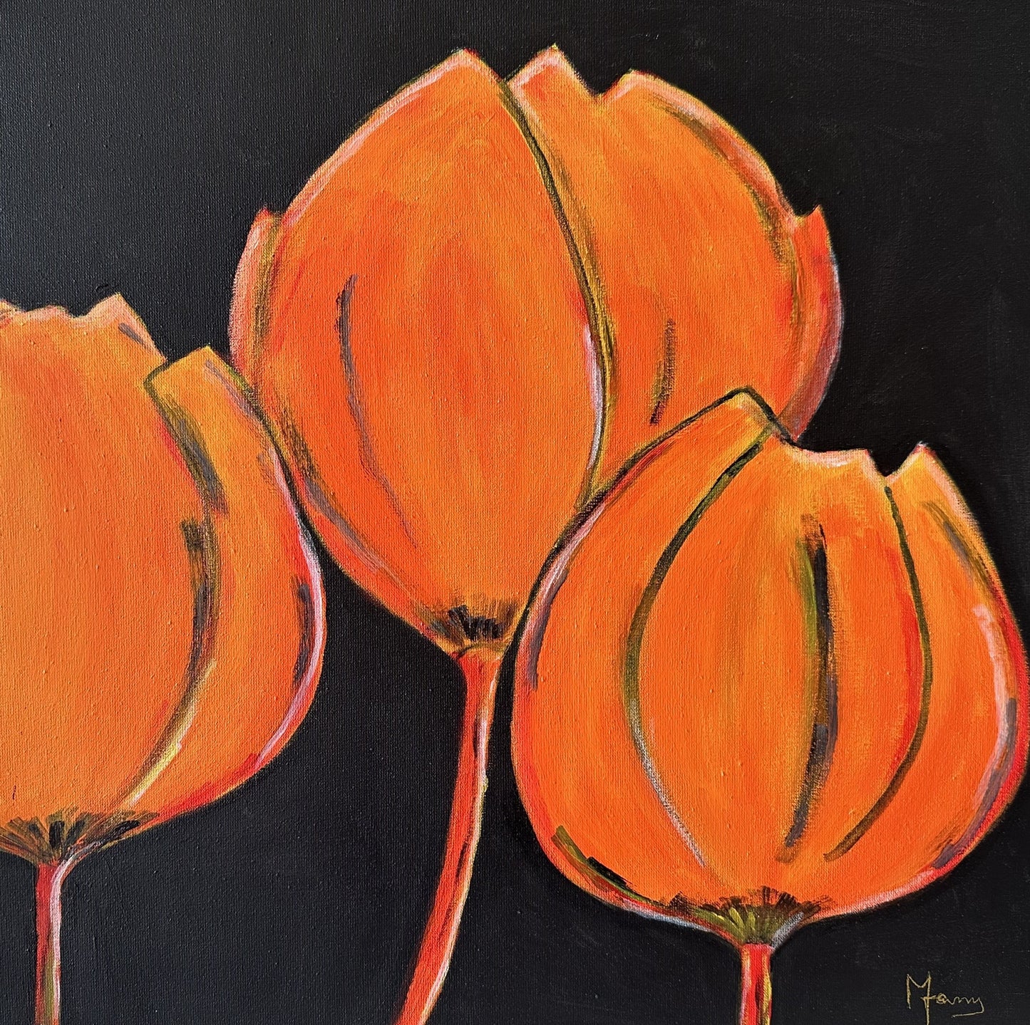 Janny van Beurden - Schilderij - Oranje en Gele Tulpen