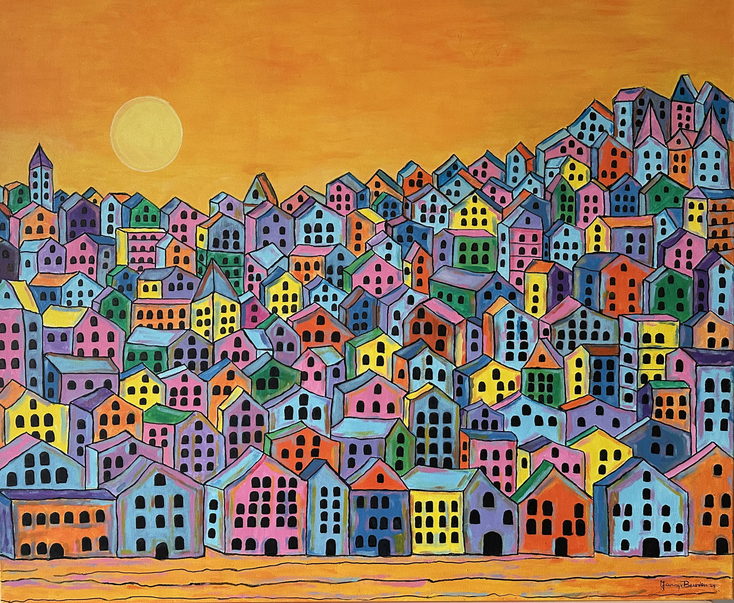 Janny van Beurden - Schilderij - Dorpje bij avond