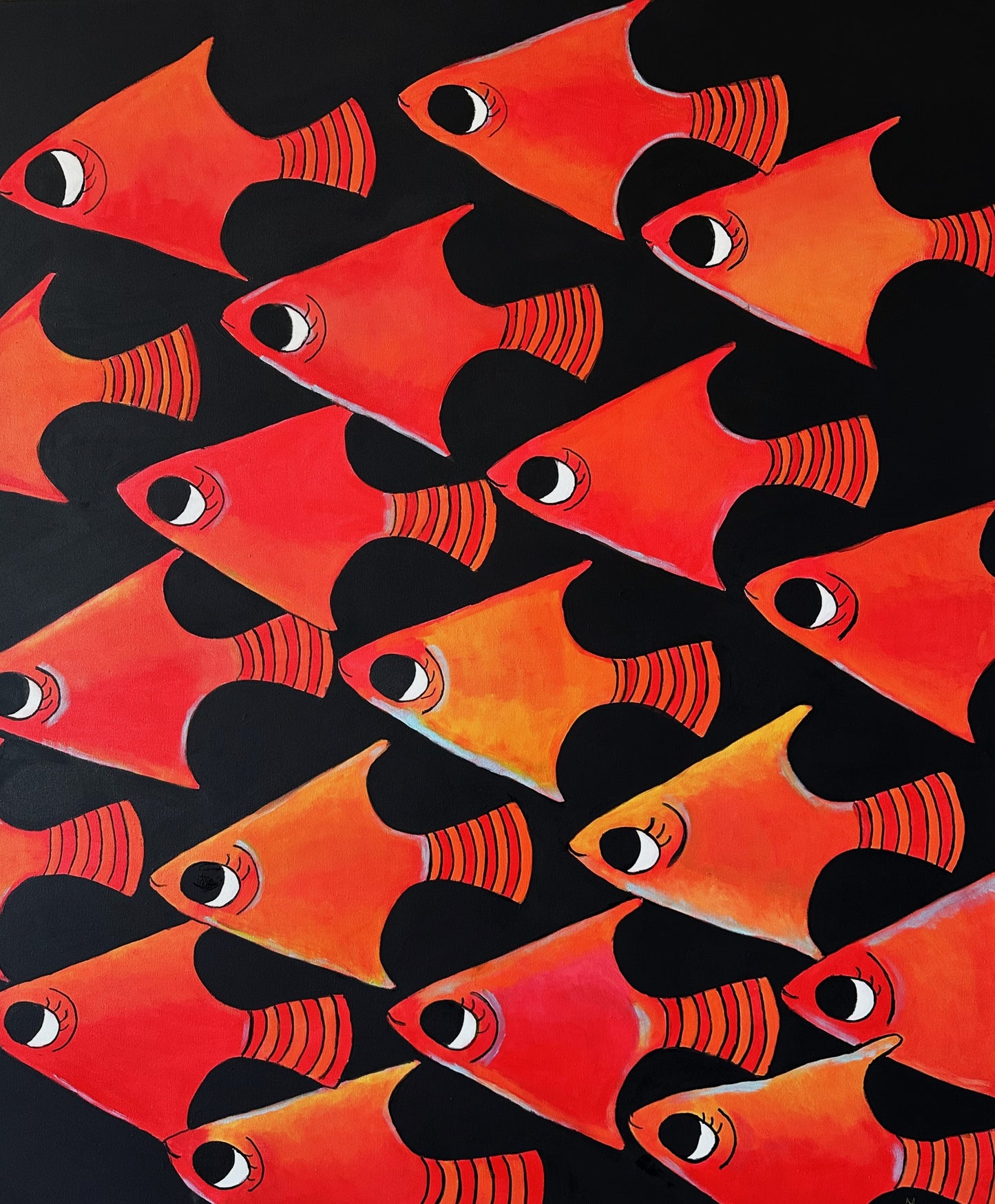 Janny van Beurden - Schilderij - Vissen rood geel orange blauw