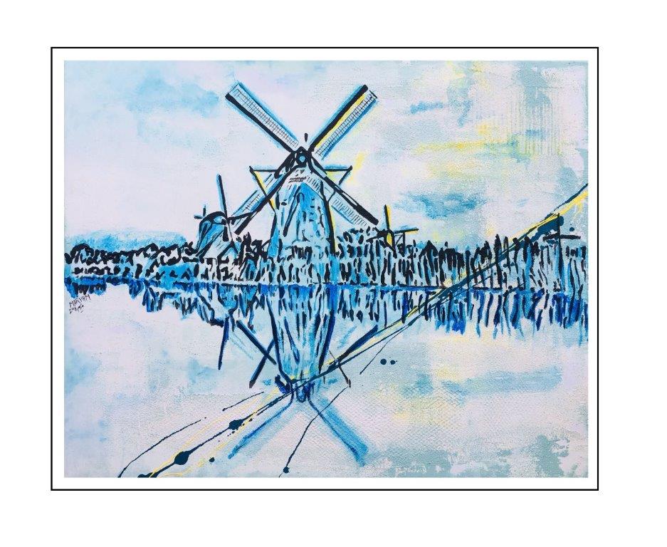 Maryam Bashari Rad - Schilderij - Kinderdijk's windmills dream #1