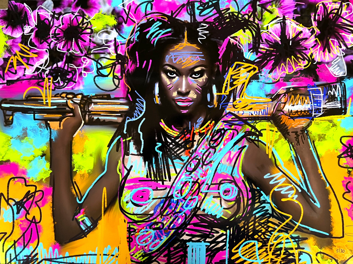 Peter Klashorst - Zeefdruk - Vrouw met geweer